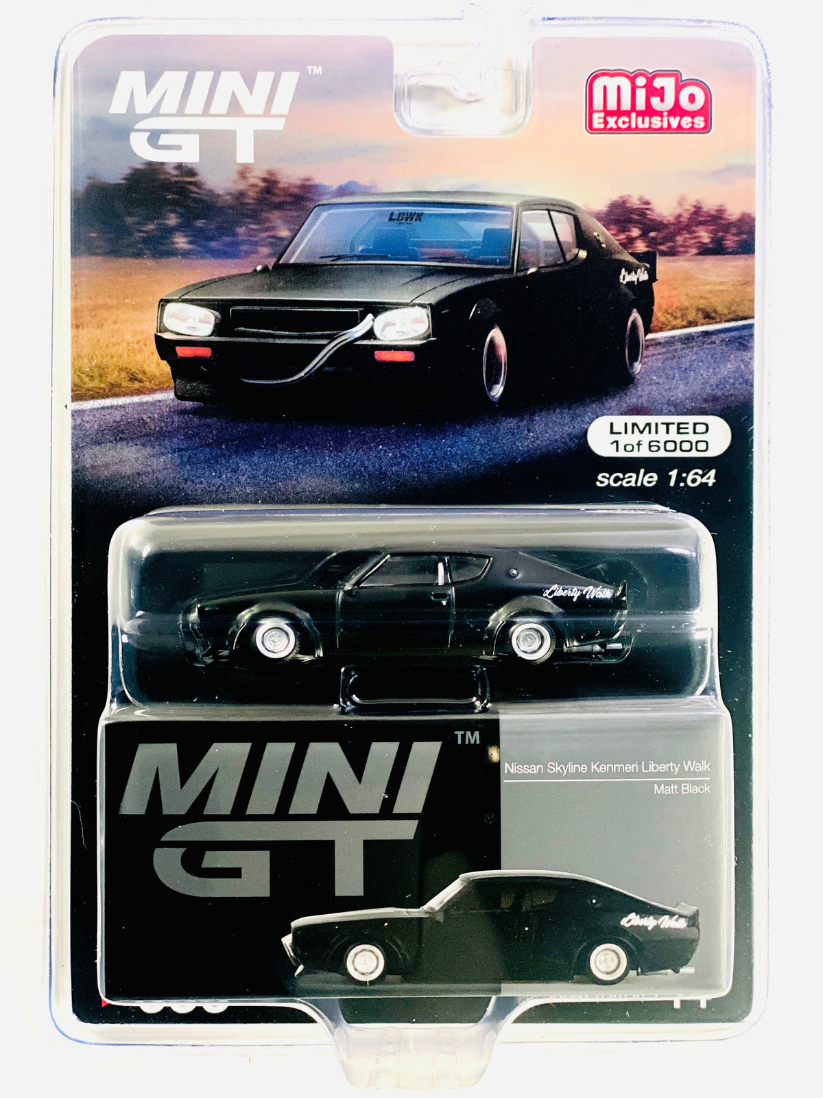 Mini GT Mijo Exclusives Nissan Skyline Kenmeri Liberty Walk Matt Black #655 - Damaged Blister