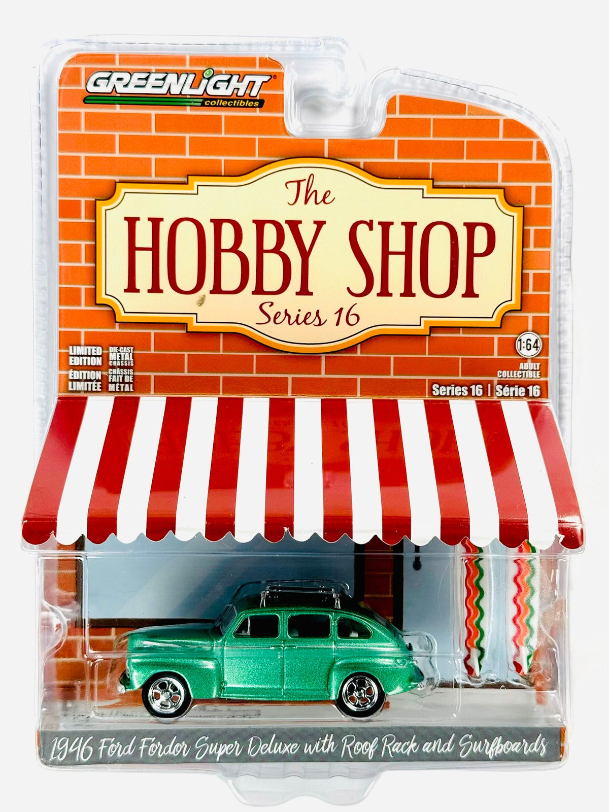 Greenlight Hobby Shop Series 16 1946 Ford Fordor Super Deluxe w/ Roof Rack & Surfboards
