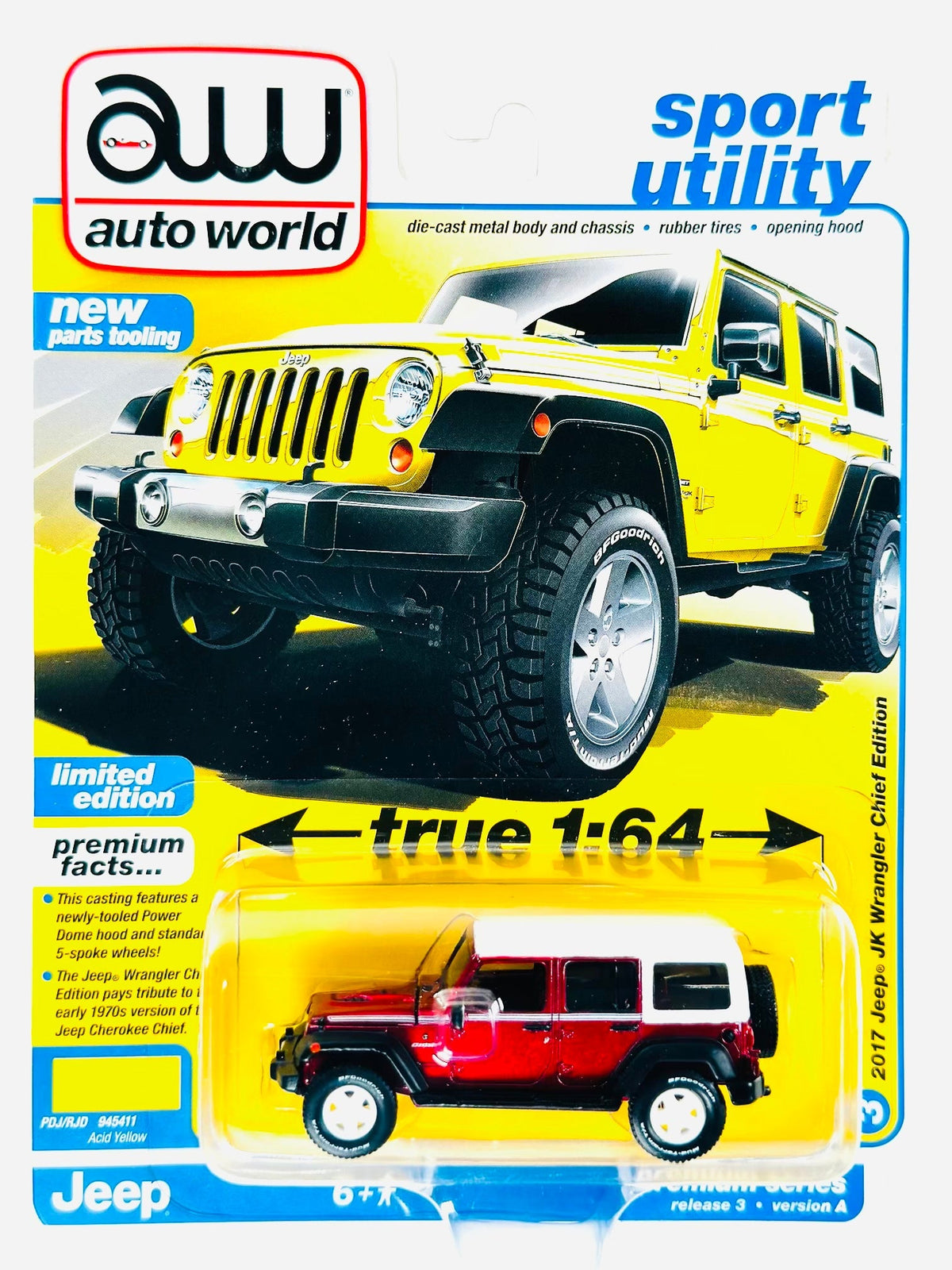 Auto World Sport Utility 2017 Jeep Jk Wrangler Chief Edition Acid Yellow Chase - Damaged Card