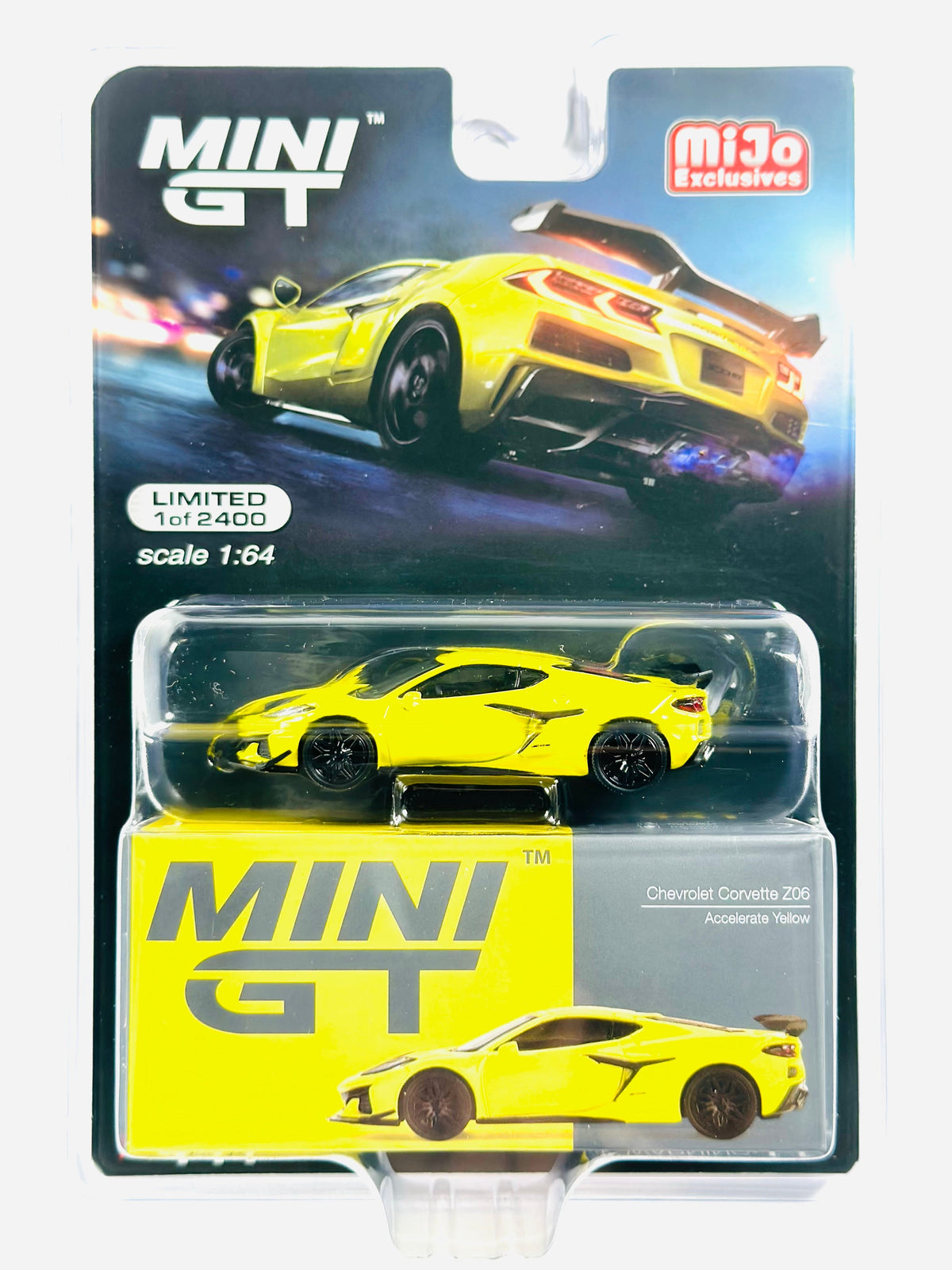 Mini GT Mijo Exclusives Chevrolet Corvette Z06 Accelerate Yellow #441 - Damaged Blister