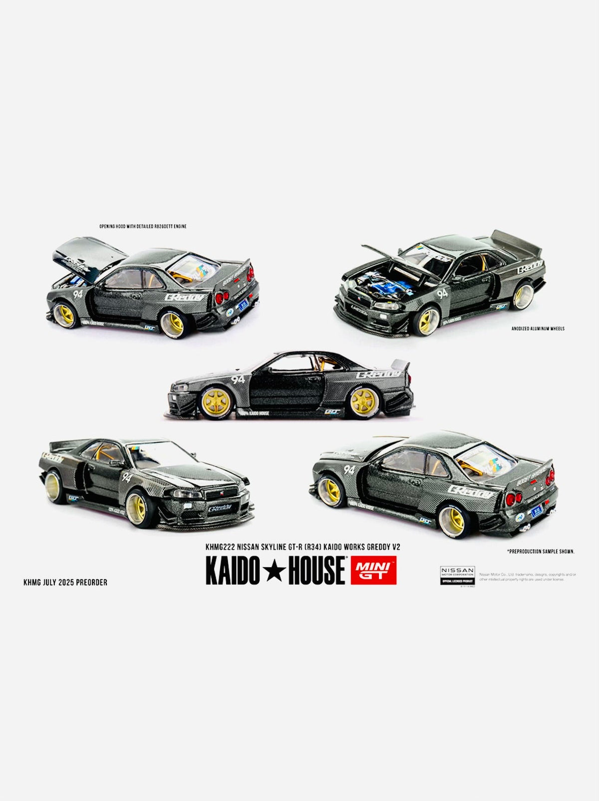 Mini GT x Kaido House Collab Factory Sealed Nissan Skyline GTR R34 Kaido Works GReddy V2 Black w/ Carbon #222