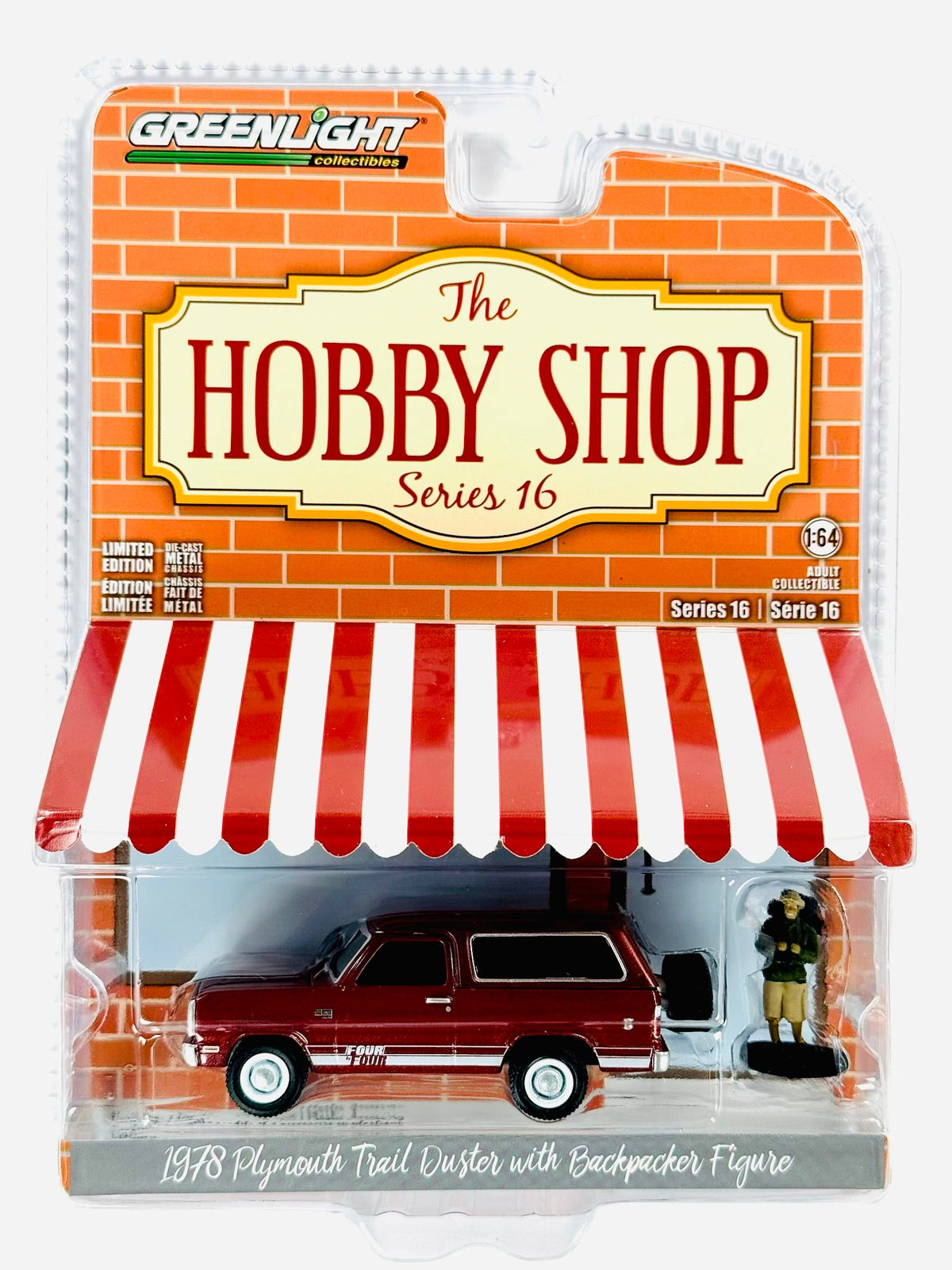 Greenlight Hobby Shop Series 16 1978 Plymouth Trail Duster w/ Backpacker Figure