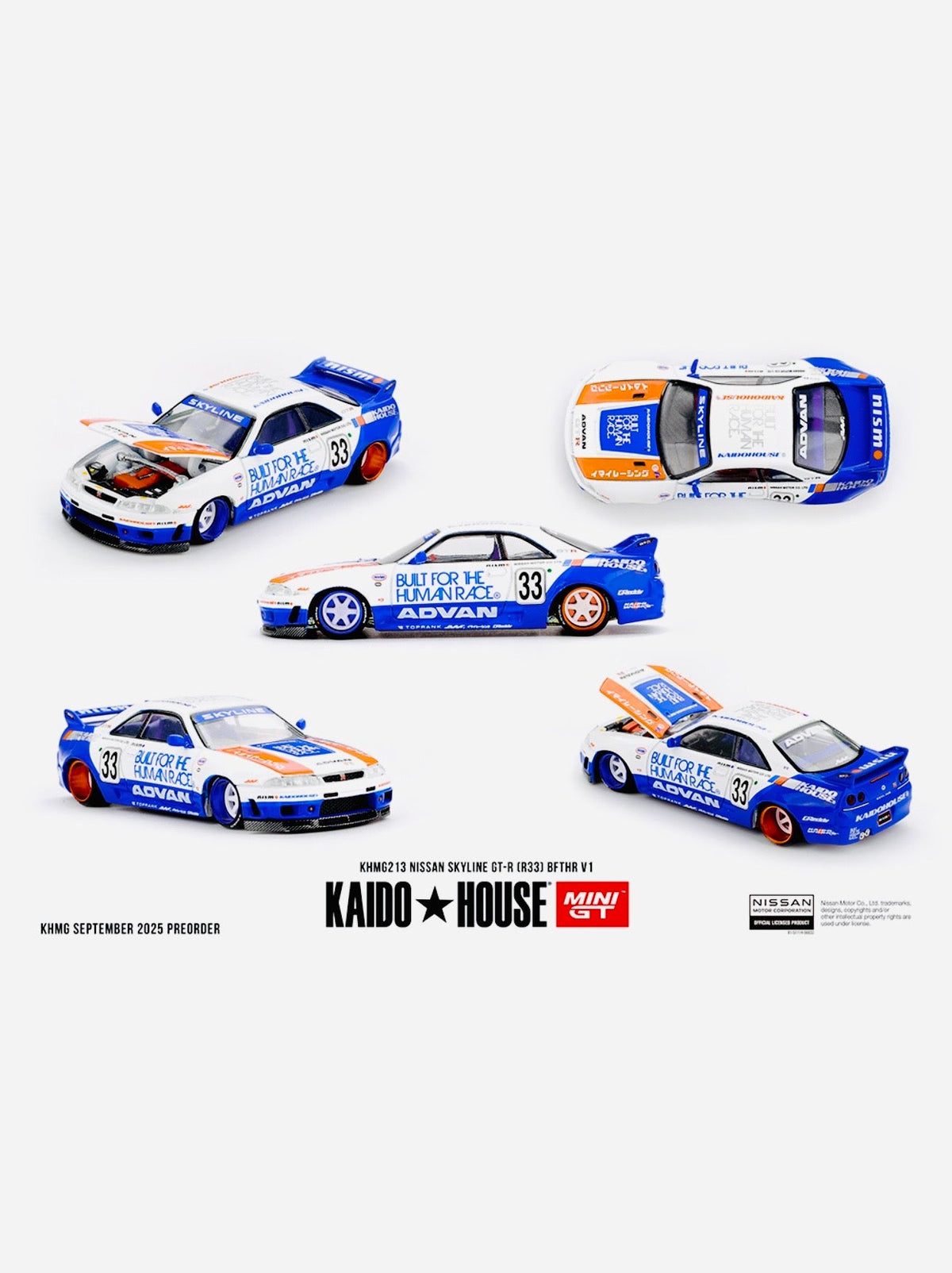 Mini GT x Kaido House Collab Factory Sealed Nissan Skyline GT-R (R33) BFTHR V1 White w/ Blue Two Tone #213