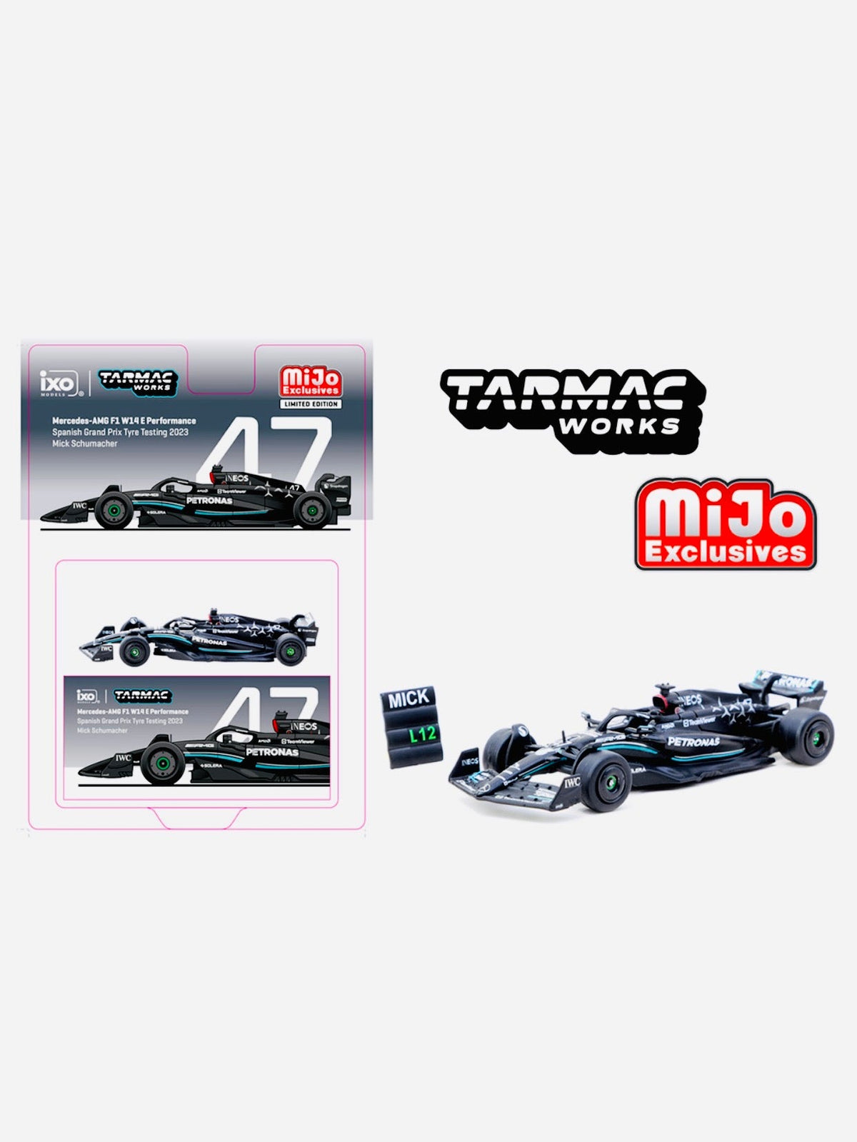 Tarmac Works x iXO Models Mijo Exclusive Global 64 Mercedes-AMG F1 W14 E Performance Spanish Grand Prix Tyre Testing 2023 Mick Schumacher