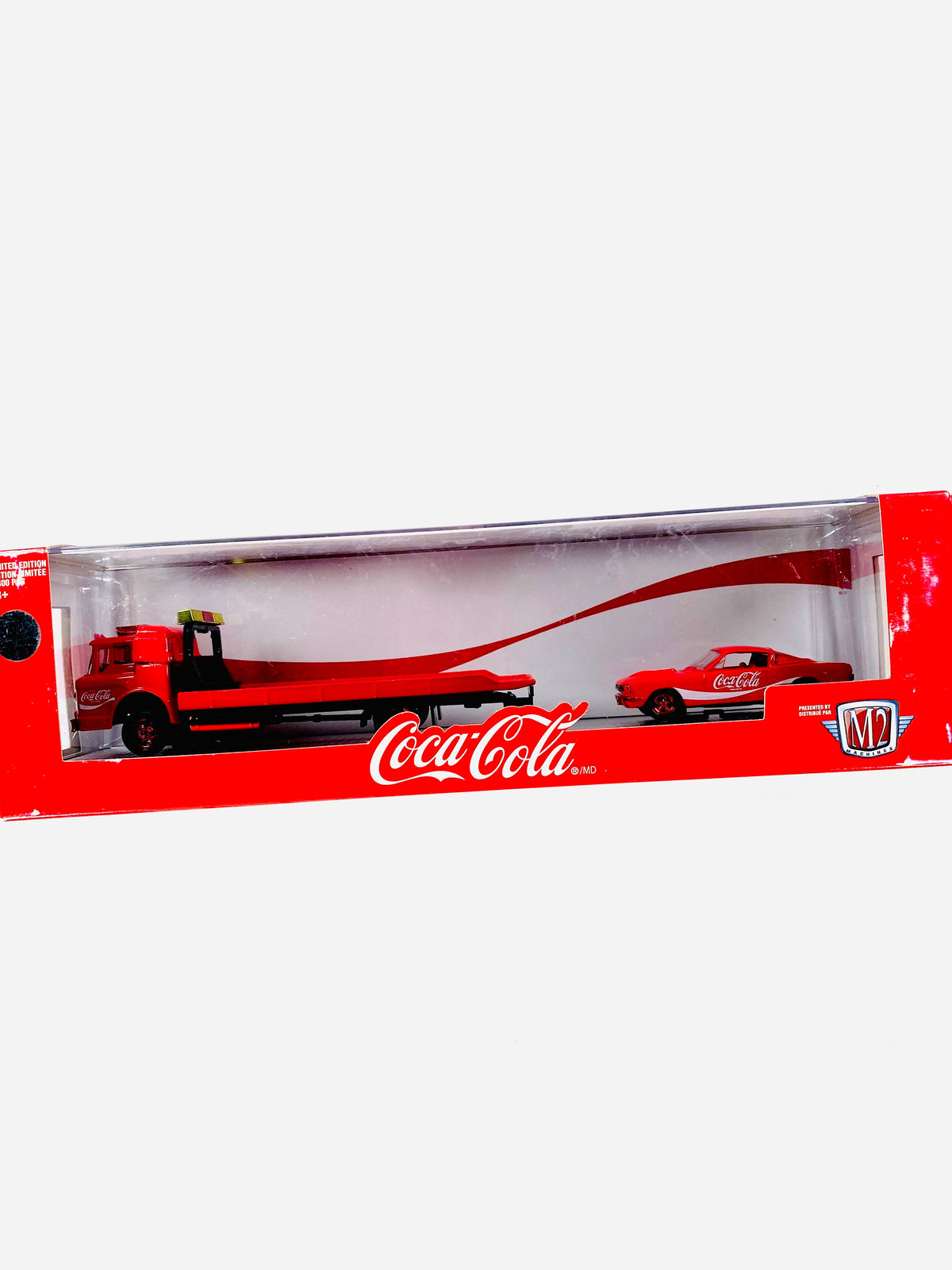 M2 Machines Auto Haulers Coca Cola 1970 Ford C-950 & 1965 Ford Mustang Fastback 2+2 Chase - Damaged Blister