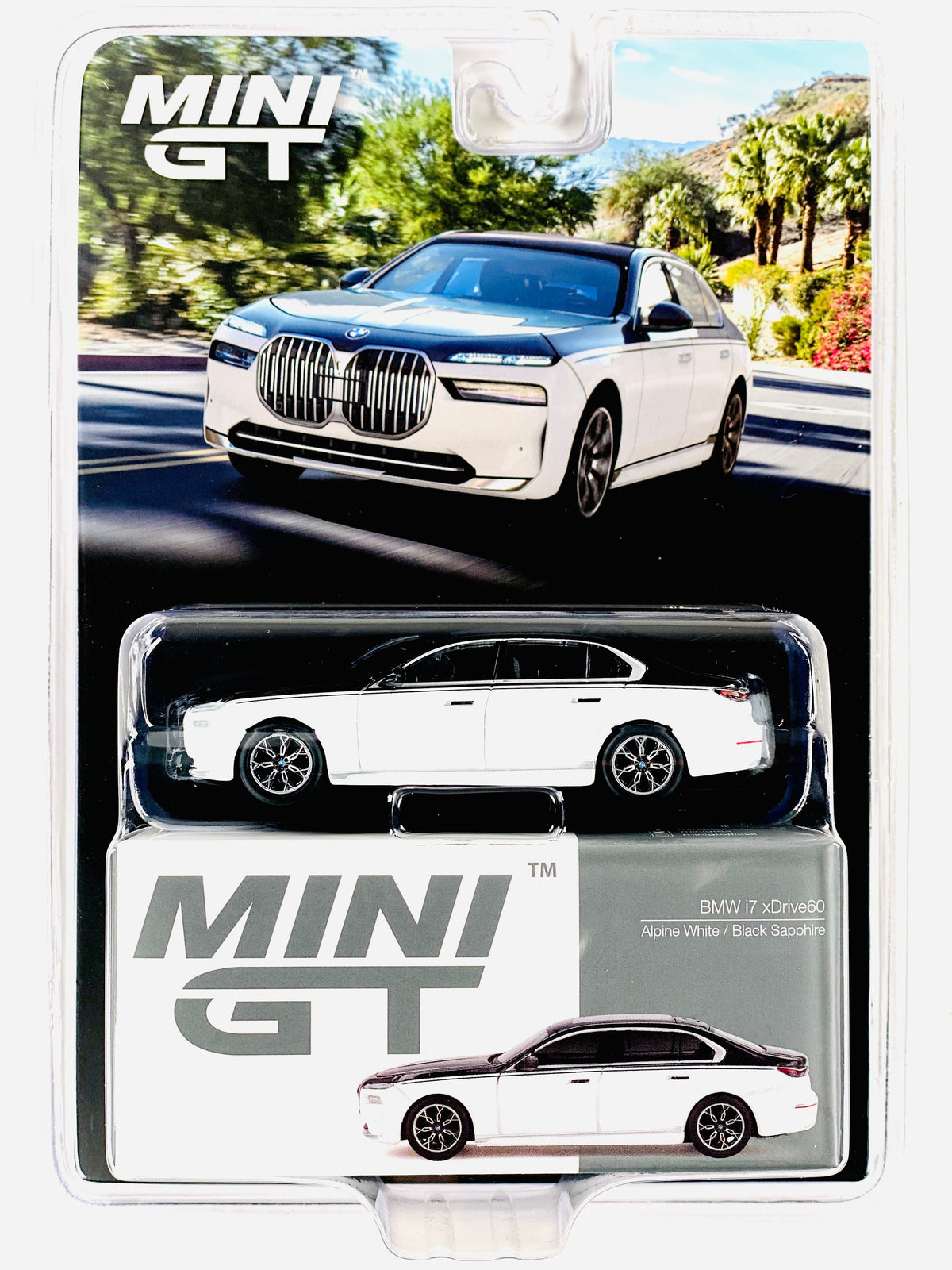 Mini GT Mijo Exclusives BMW i7 xDrive60 Alpine White & Black Sapphire #959